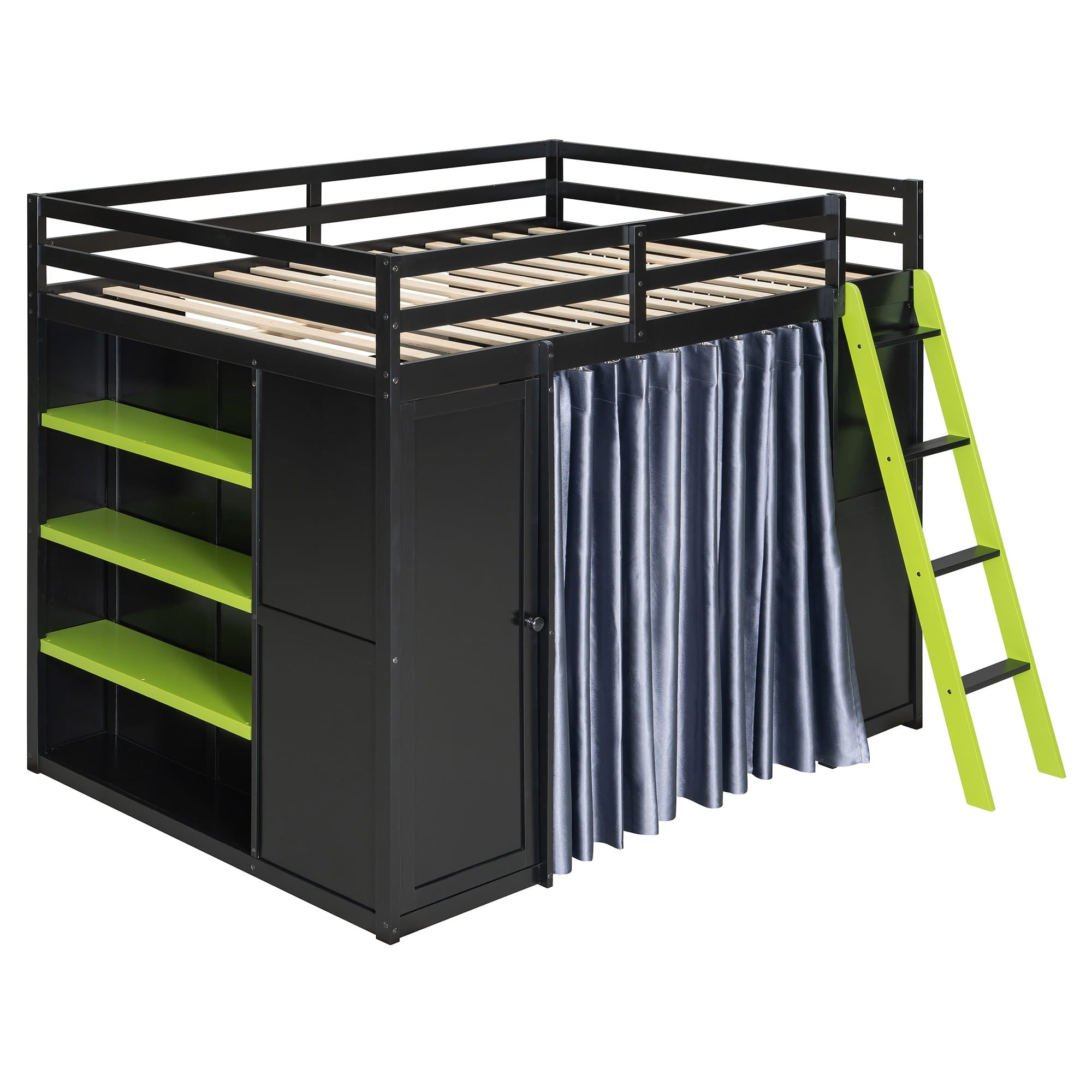 Bellemave® Full Gaming Loft Bed with Wardrobe & Desk & Charging Station & RGB Light,Wood Loft Bed Frame with Storage Shelves,Curtains & DIY Pegboard,Black Green Bellemave®