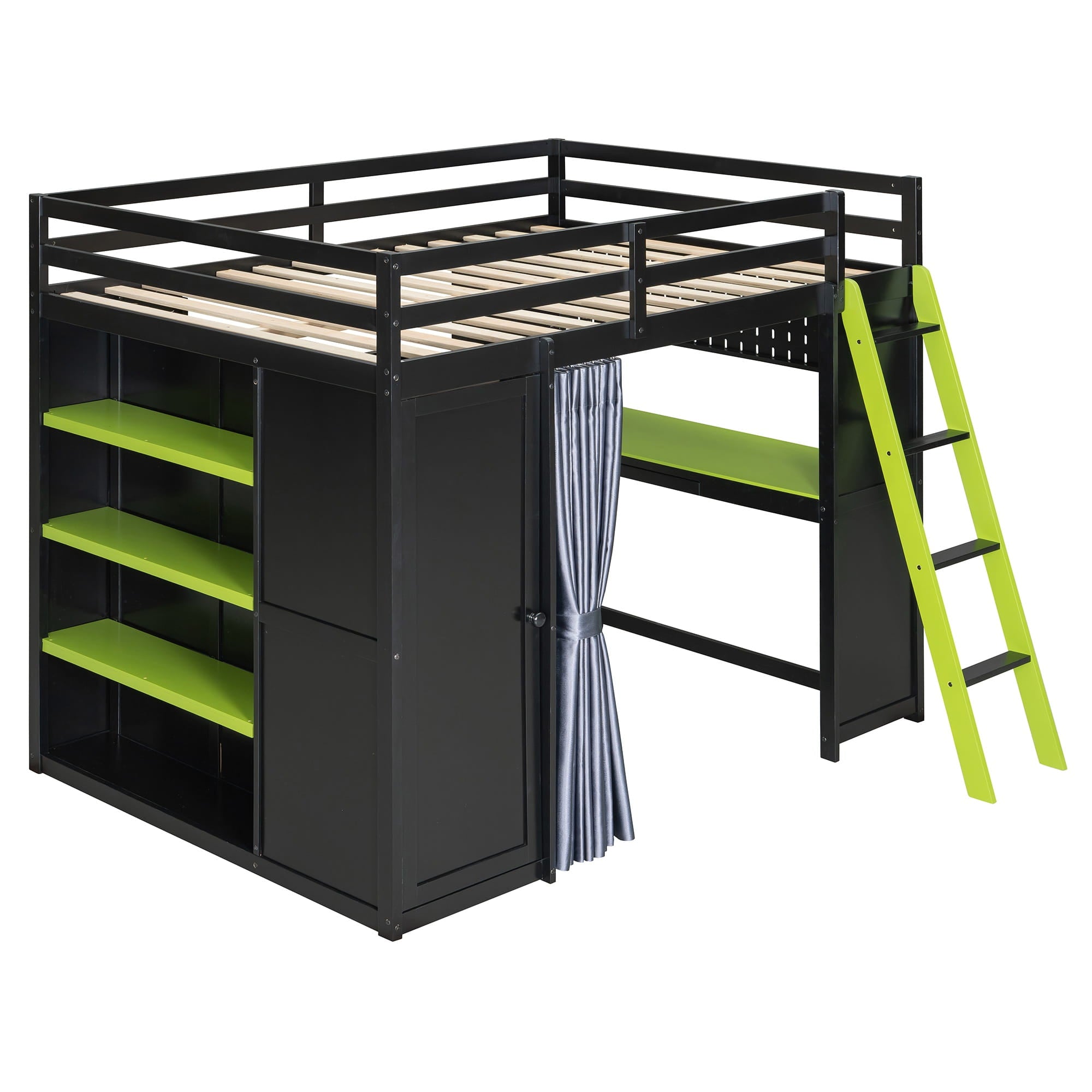 Bellemave® Full Gaming Loft Bed with Wardrobe & Desk & Charging Station & RGB Light,Wood Loft Bed Frame with Storage Shelves,Curtains & DIY Pegboard,Black Green Bellemave®