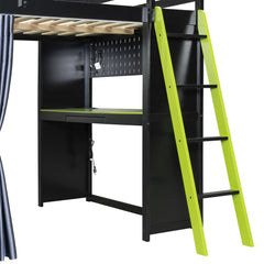 Bellemave® Full Gaming Loft Bed with Wardrobe & Desk & Charging Station & RGB Light,Wood Loft Bed Frame with Storage Shelves,Curtains & DIY Pegboard,Black Green Bellemave®