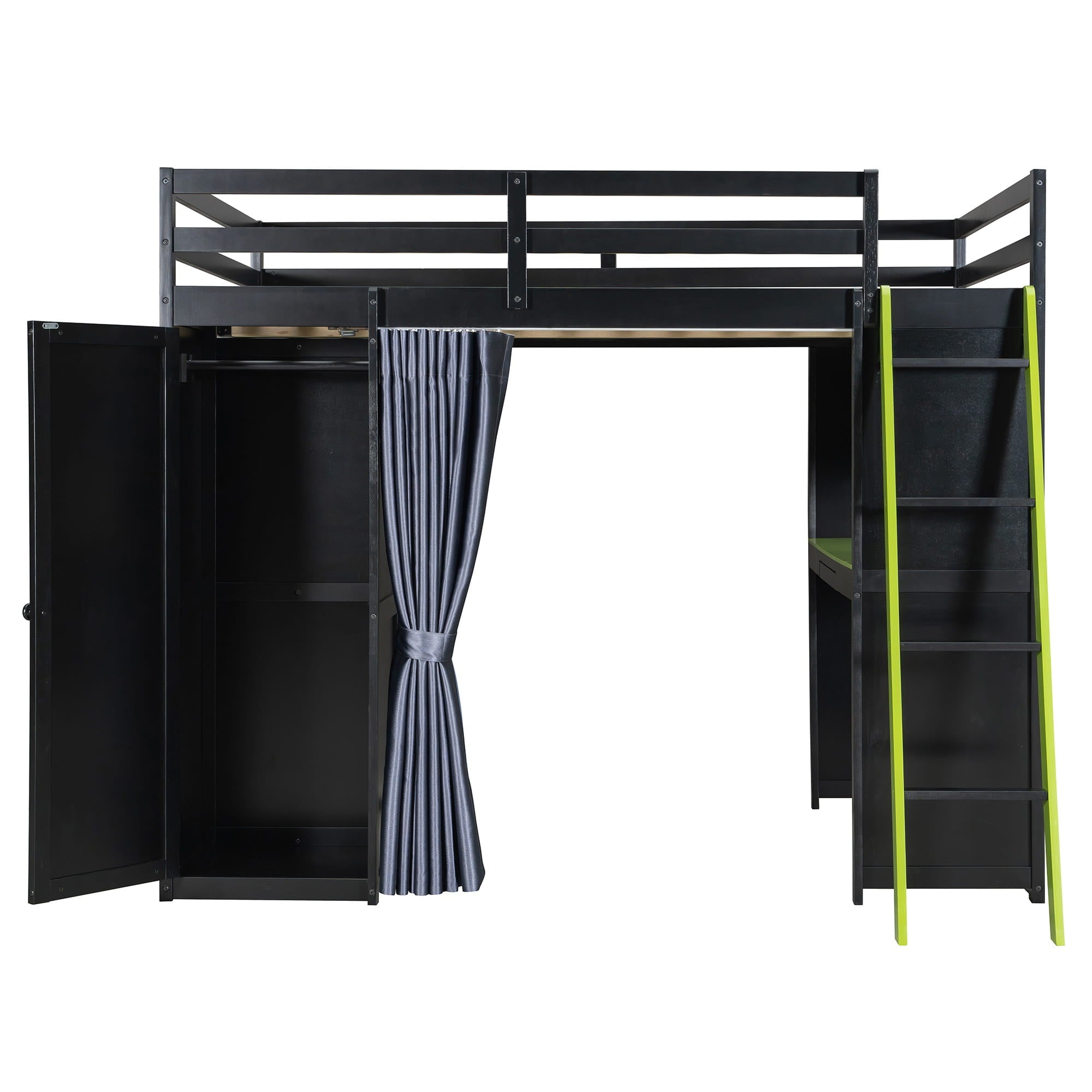 Bellemave® Full Gaming Loft Bed with Wardrobe & Desk & Charging Station & RGB Light,Wood Loft Bed Frame with Storage Shelves,Curtains & DIY Pegboard,Black Green Bellemave®