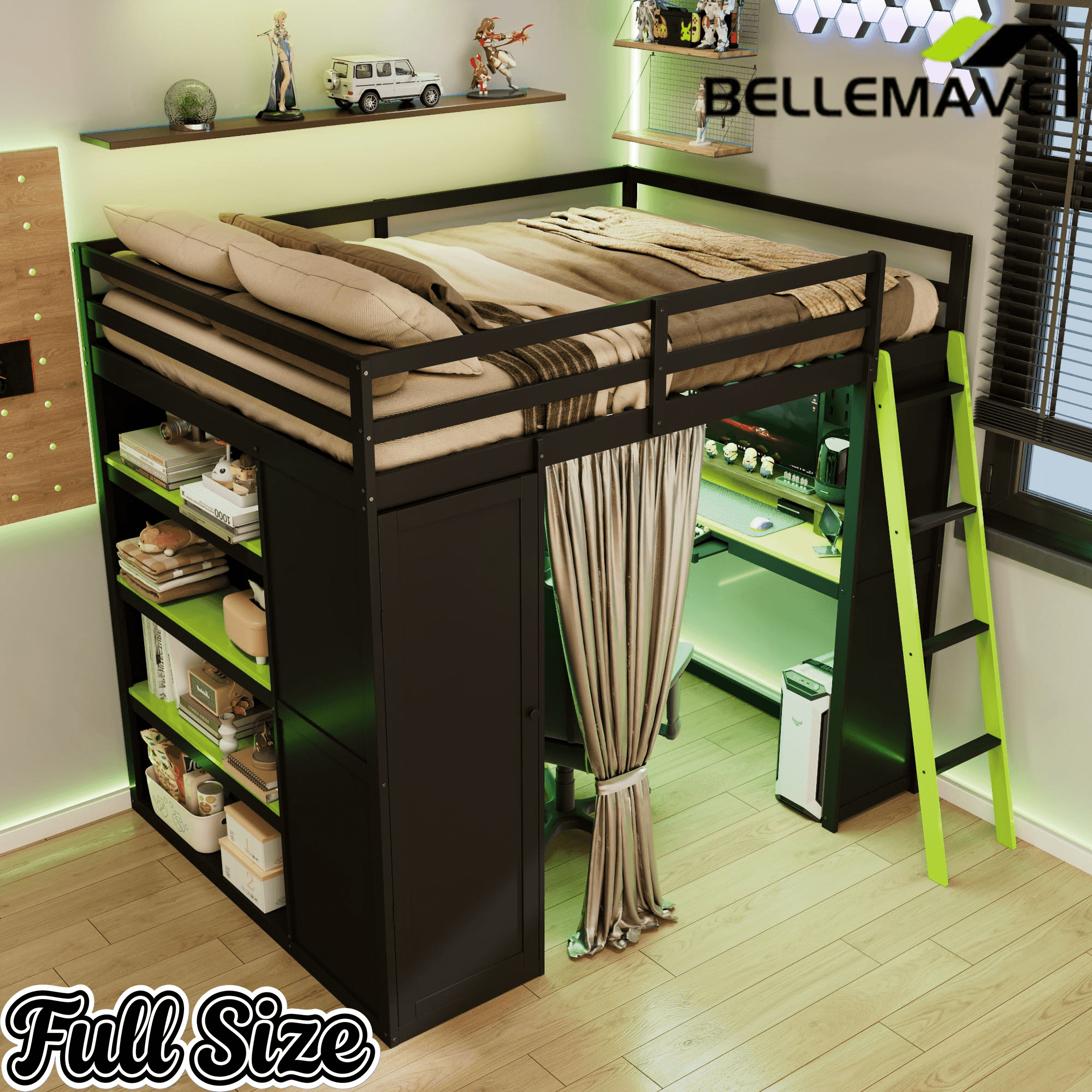 Bellemave® Full Gaming Loft Bed with Wardrobe & Desk & Charging Station & RGB Light,Wood Loft Bed Frame with Storage Shelves,Curtains & DIY Pegboard,Black Green Bellemave®