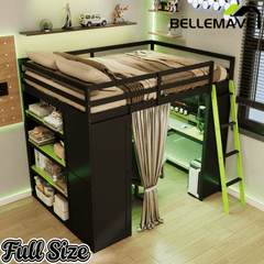 Bellemave® Full Gaming Loft Bed with Wardrobe & Desk & Charging Station & RGB Light,Wood Loft Bed Frame with Storage Shelves,Curtains & DIY Pegboard,Black Green Bellemave®