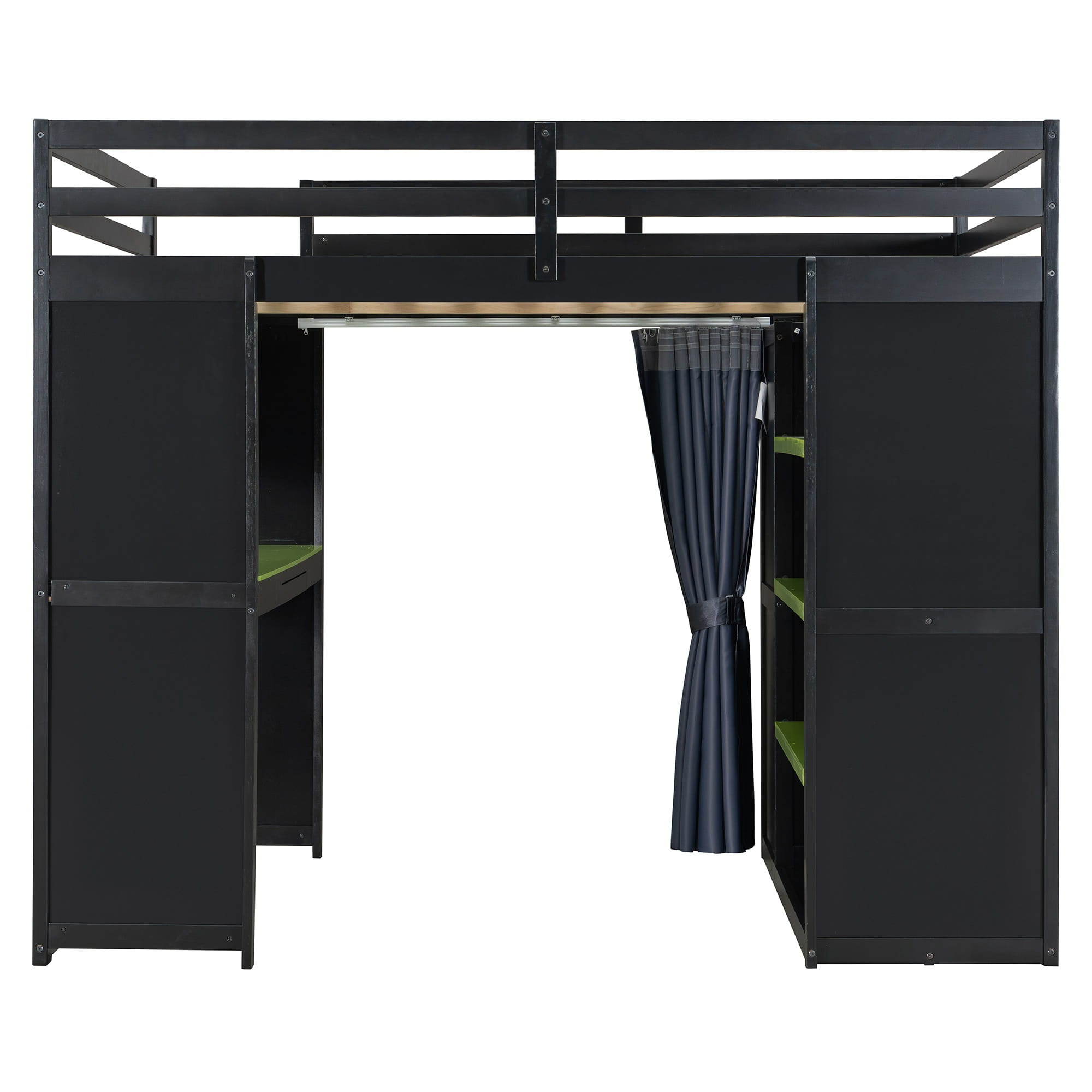 Bellemave® Full Gaming Loft Bed with Wardrobe & Desk & Charging Station & RGB Light,Wood Loft Bed Frame with Storage Shelves,Curtains & DIY Pegboard,Black Green Bellemave®