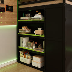 Bellemave® Full Gaming Loft Bed with Wardrobe & Desk & Charging Station & RGB Light,Wood Loft Bed Frame with Storage Shelves,Curtains & DIY Pegboard,Black Green Bellemave®