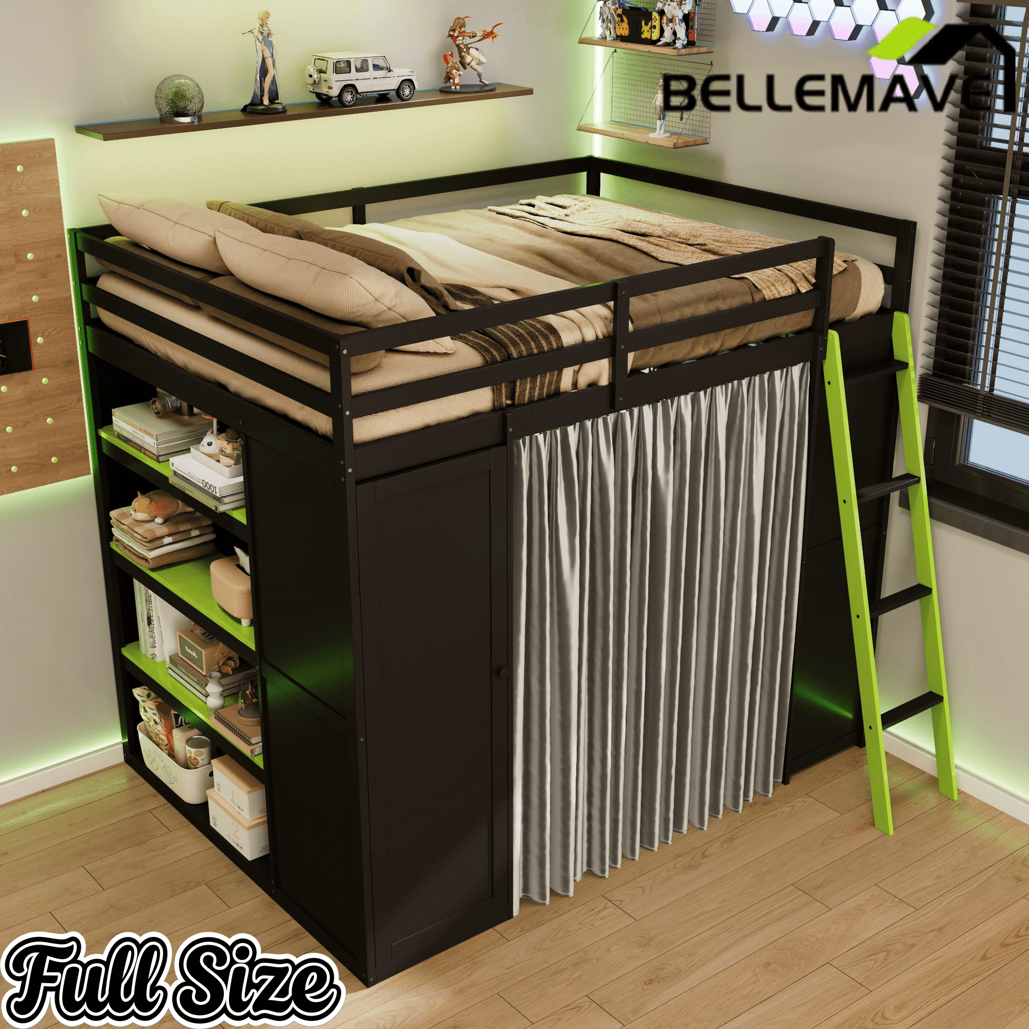 Bellemave® Full Gaming Loft Bed with Wardrobe & Desk & Charging Station & RGB Light,Wood Loft Bed Frame with Storage Shelves,Curtains & DIY Pegboard,Black Green Bellemave®