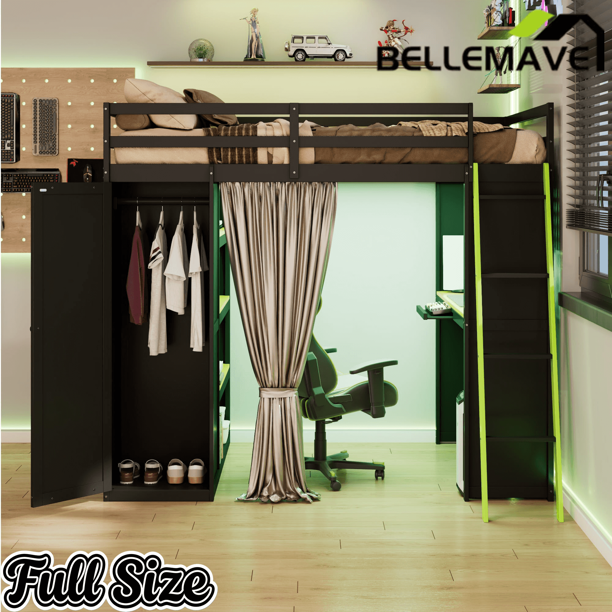 Bellemave® Full Gaming Loft Bed with Wardrobe & Desk & Charging Station & RGB Light,Wood Loft Bed Frame with Storage Shelves,Curtains & DIY Pegboard,Black Green Bellemave®