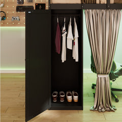 Bellemave® Full Gaming Loft Bed with Wardrobe & Desk & Charging Station & RGB Light,Wood Loft Bed Frame with Storage Shelves,Curtains & DIY Pegboard,Black Green Bellemave®