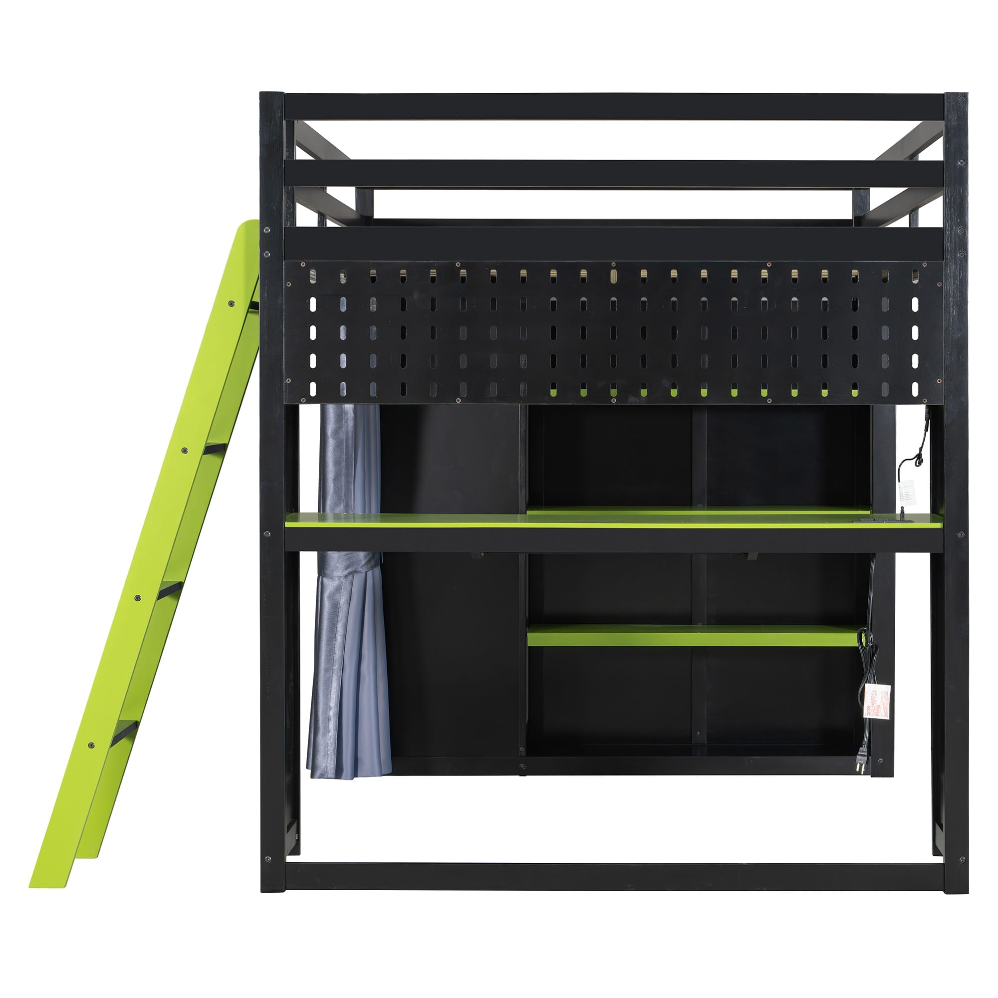 Bellemave® Full Gaming Loft Bed with Wardrobe & Desk & Charging Station & RGB Light,Wood Loft Bed Frame with Storage Shelves,Curtains & DIY Pegboard,Black Green Bellemave®