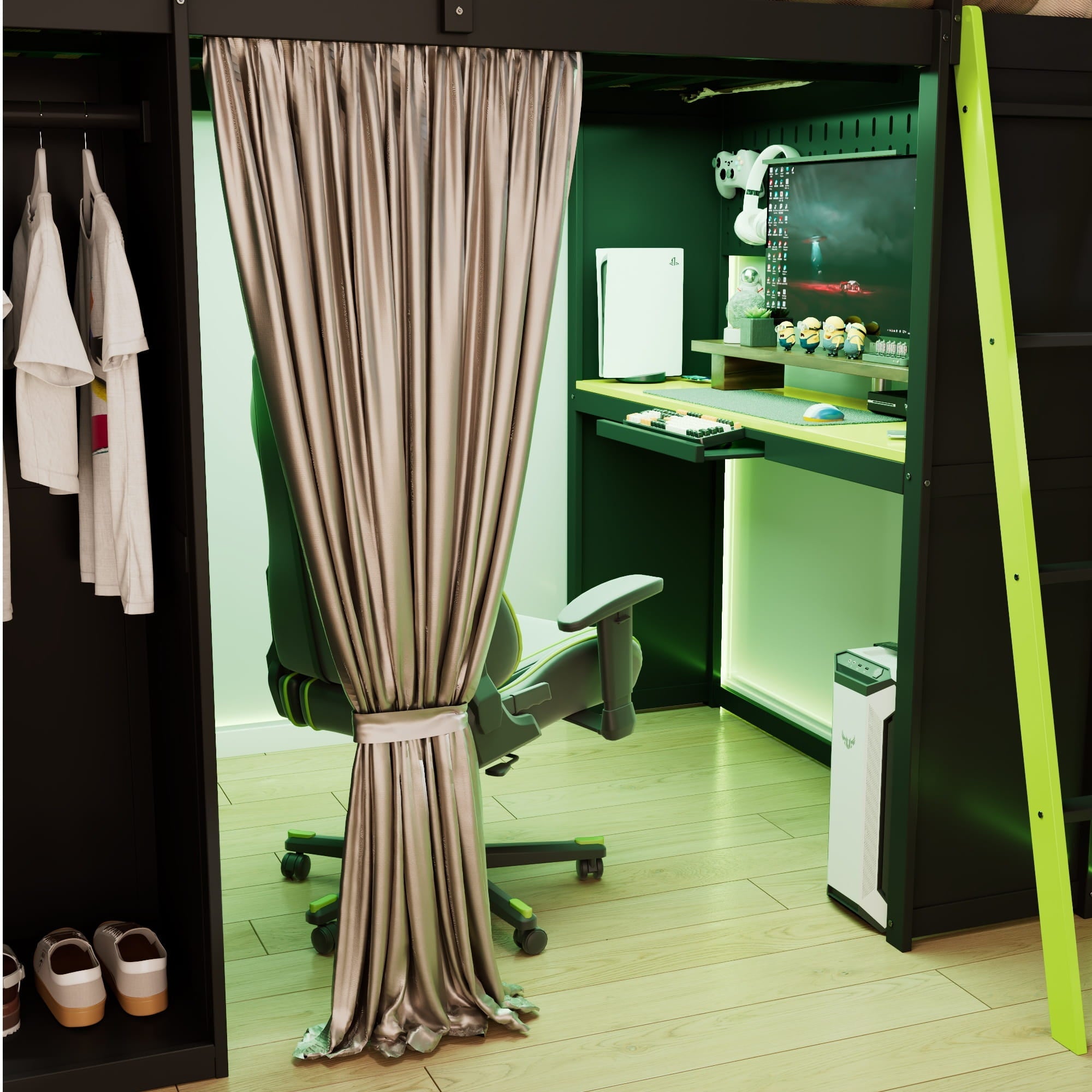 Bellemave® Full Gaming Loft Bed with Wardrobe & Desk & Charging Station & RGB Light,Wood Loft Bed Frame with Storage Shelves,Curtains & DIY Pegboard,Black Green Bellemave®