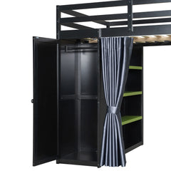 Bellemave® Full Gaming Loft Bed with Wardrobe & Desk & Charging Station & RGB Light,Wood Loft Bed Frame with Storage Shelves,Curtains & DIY Pegboard,Black Green Bellemave®