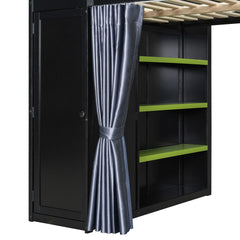 Bellemave® Full Gaming Loft Bed with Wardrobe & Desk & Charging Station & RGB Light,Wood Loft Bed Frame with Storage Shelves,Curtains & DIY Pegboard,Black Green Bellemave®