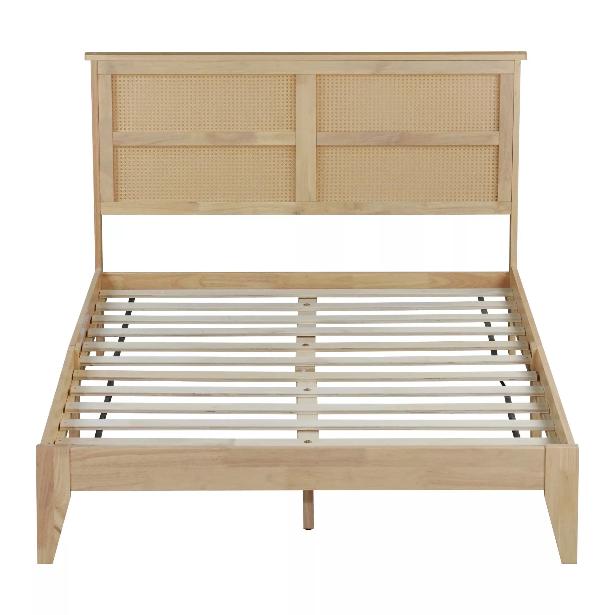 Bellemave® Boho Bed with Rattan Headboard — Solid Rubberwood Frame, Reinforced Base Bellemave®