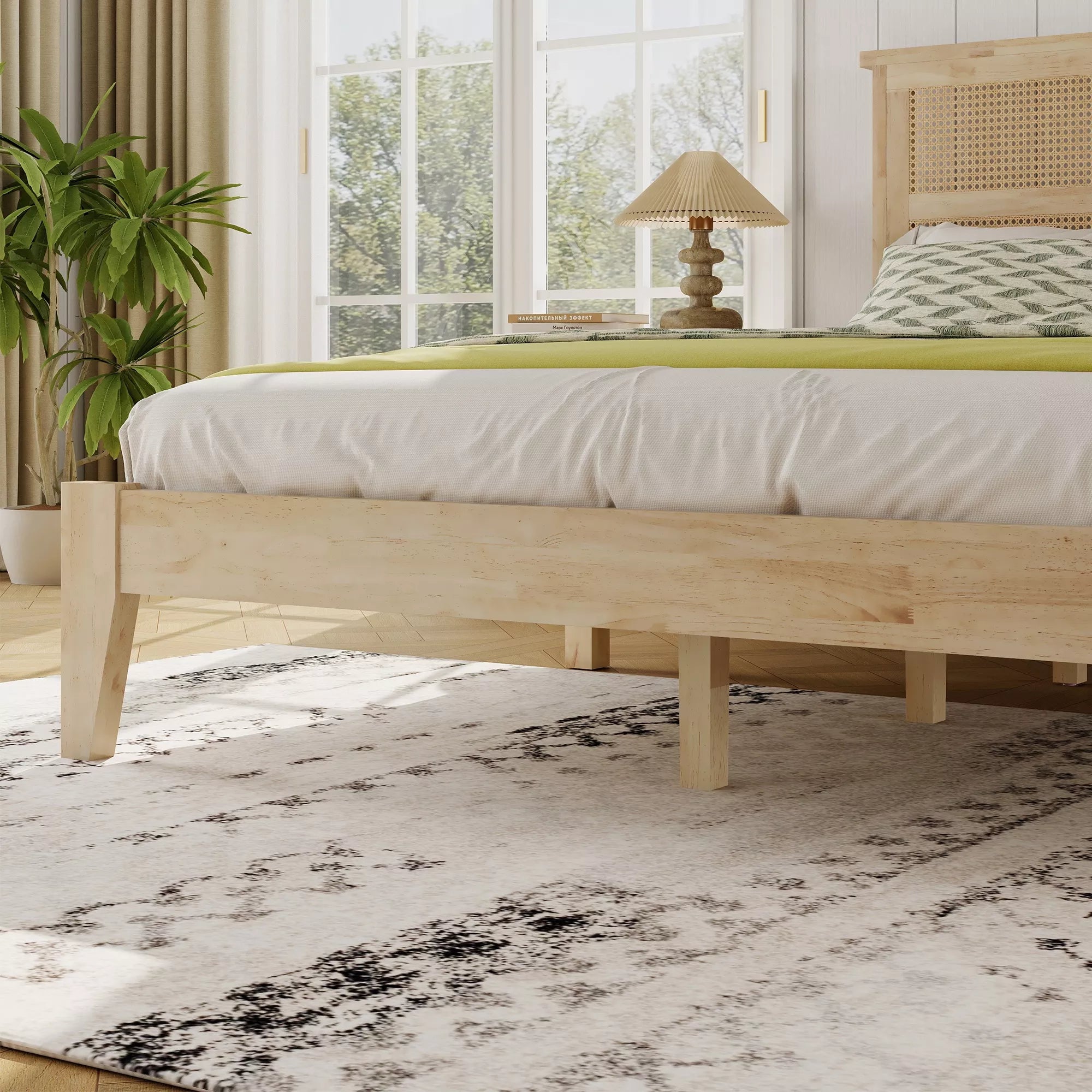 Bellemave® Boho Bed with Rattan Headboard — Solid Rubberwood Frame, Reinforced Base Bellemave®