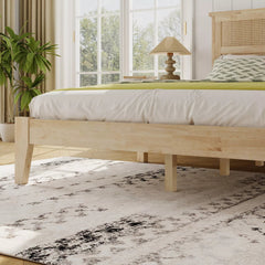 Bellemave® Boho Bed with Rattan Headboard — Solid Rubberwood Frame, Reinforced Base Bellemave®
