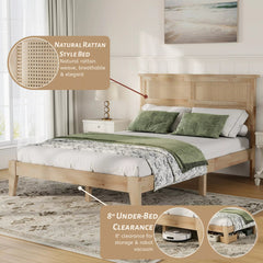 Bellemave® Boho Bed with Rattan Headboard — Solid Rubberwood Frame, Reinforced Base Bellemave®