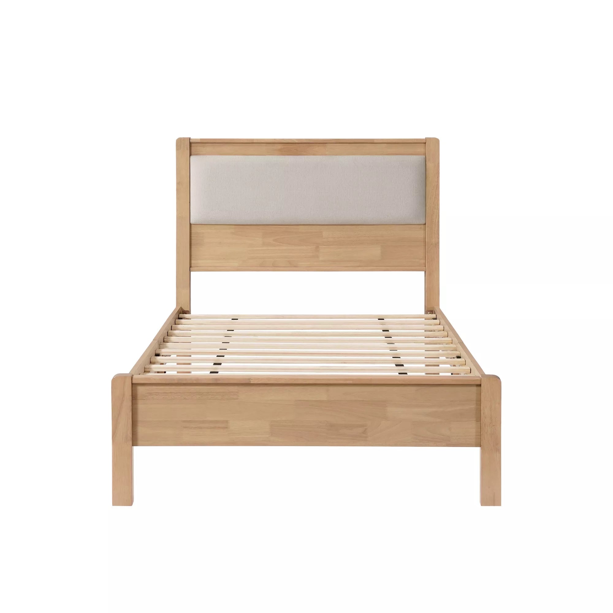 Wooden bed frame with upholstered headboard and slatted base, front view