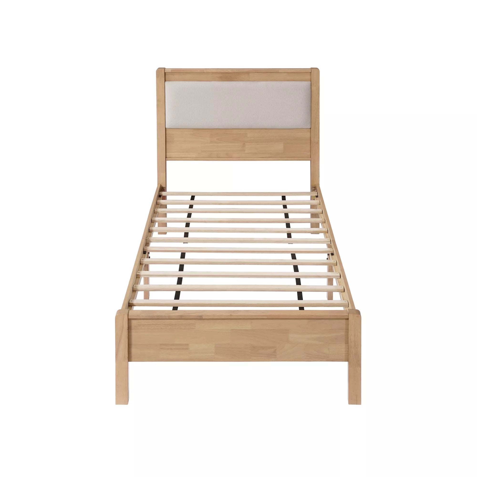 Wooden bed frame viewed from the foot end, showing the plywood slats