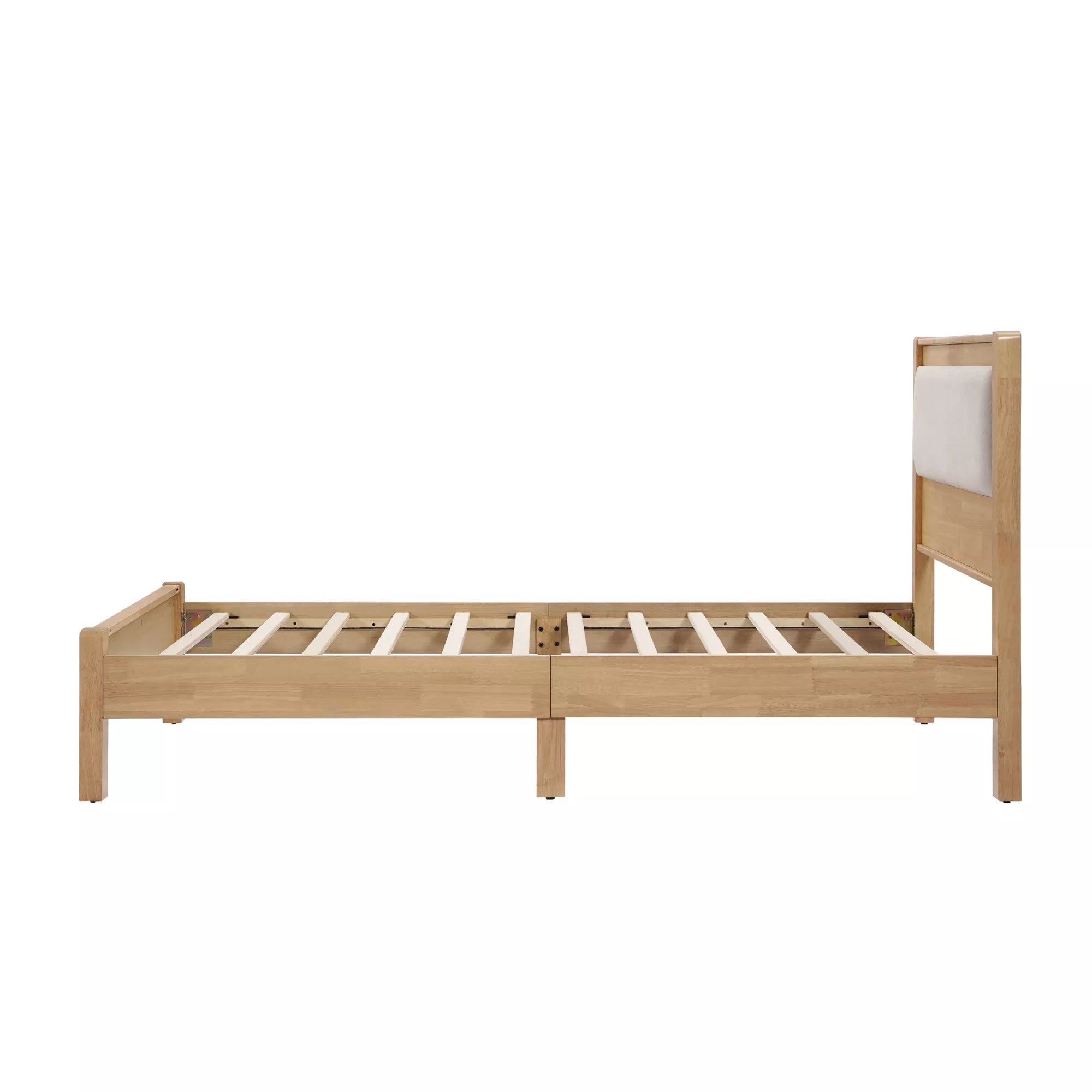 Side profile of the bed frame showing wooden rails, slats, and legs