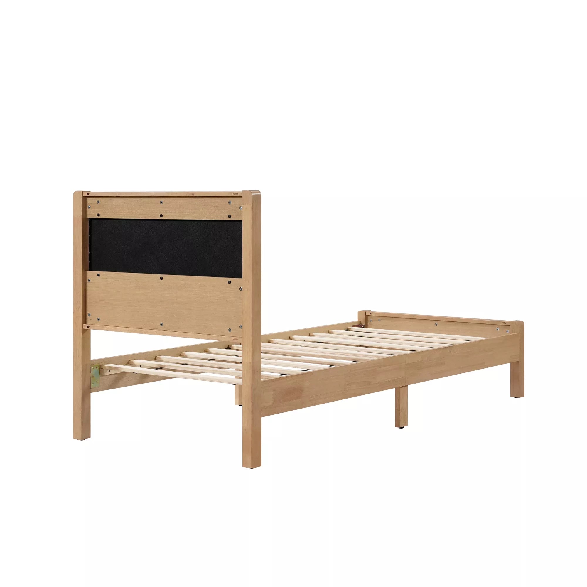 Side view of the bare wooden bed frame with headboard backing and slatted support
