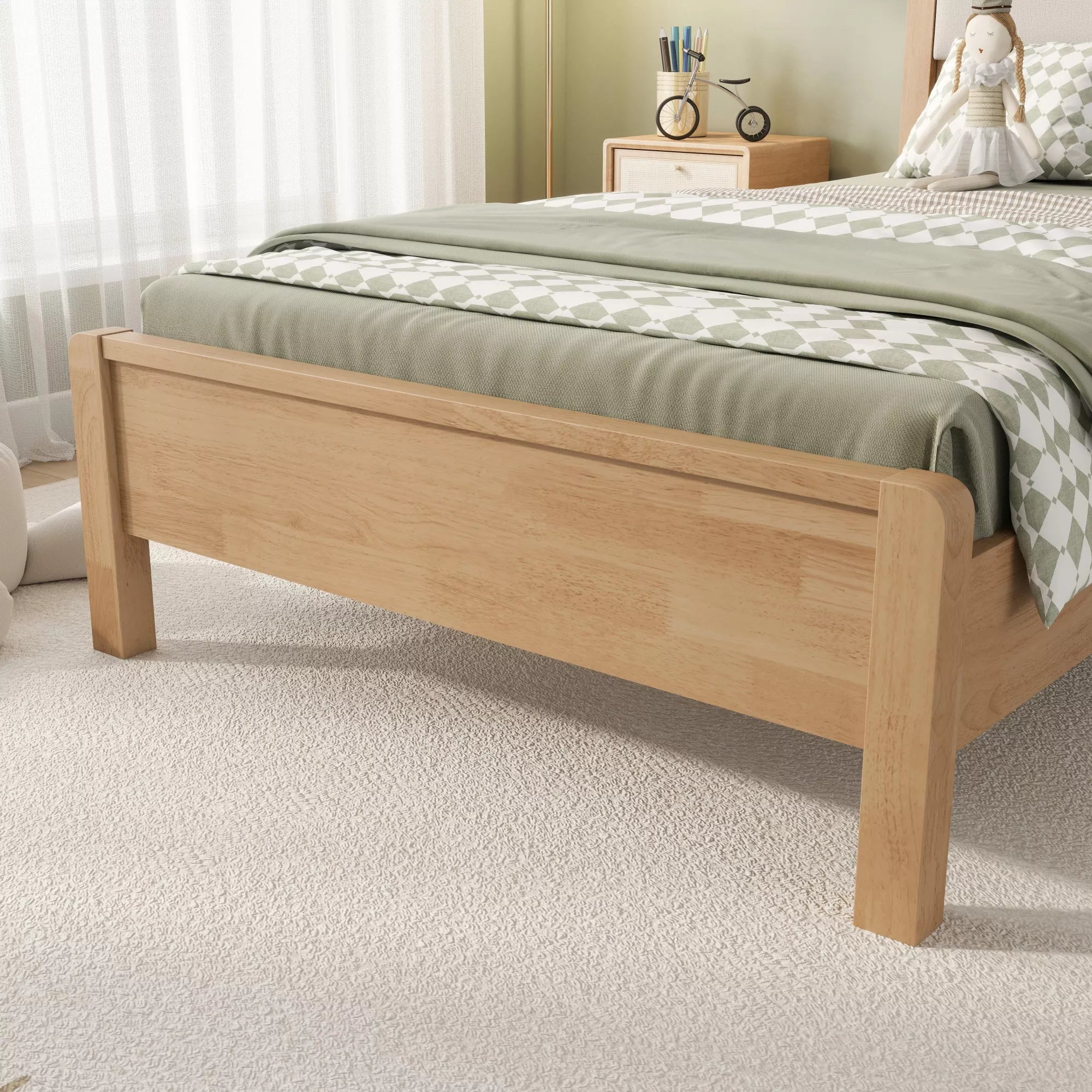 Side-angle view of the natural wood bed frame showing the headboard, footboard, and slats