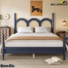 queen size platform bed with woven headboard lifestyle view