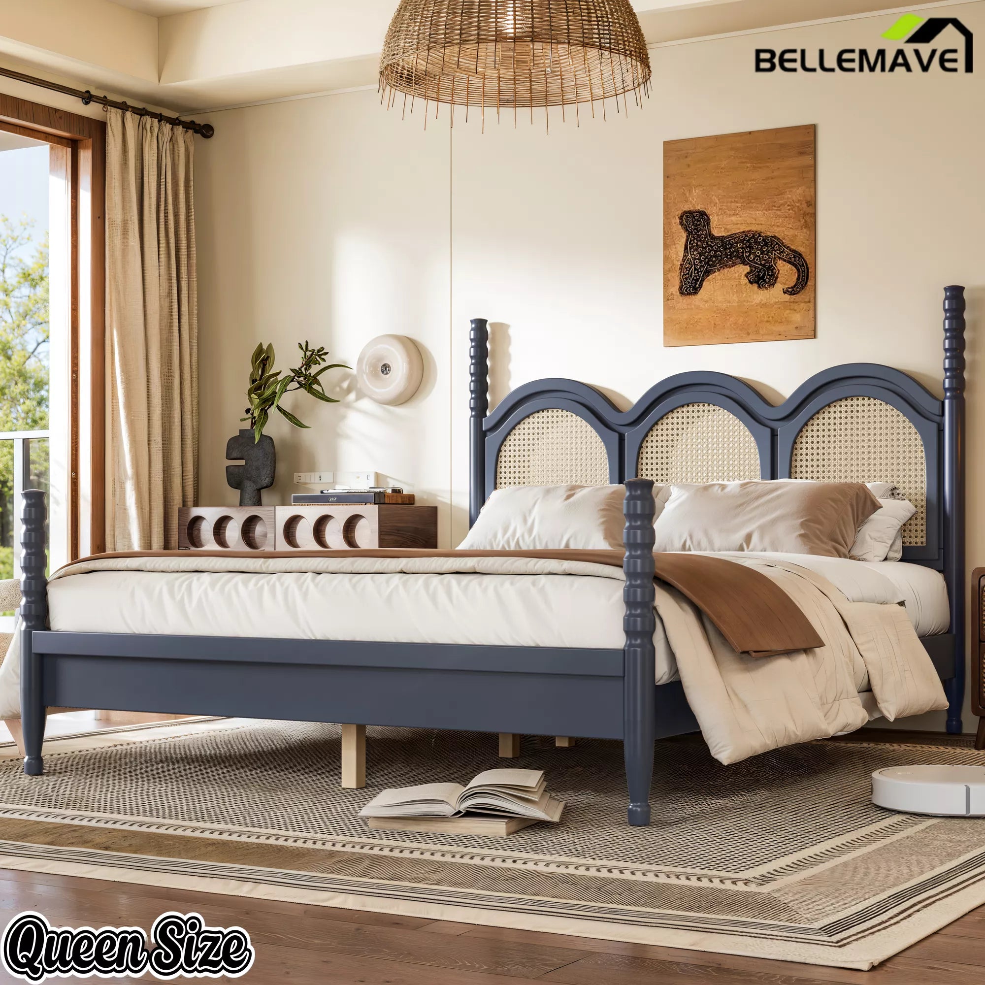 arched woven headboard detail on queen platform bed frame