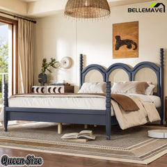 arched woven headboard detail on queen platform bed frame