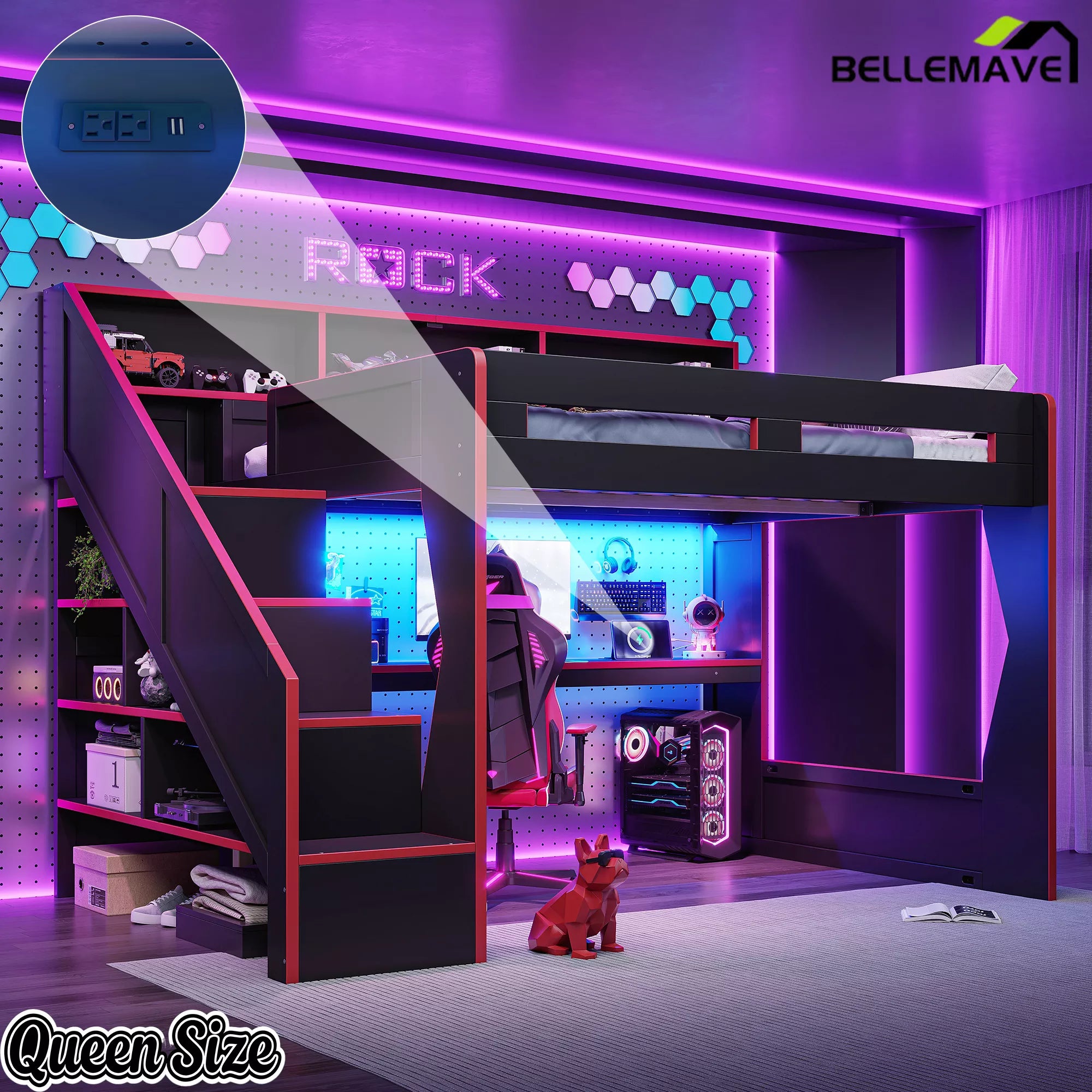 queen size gaming loft bed with LED lights and desk