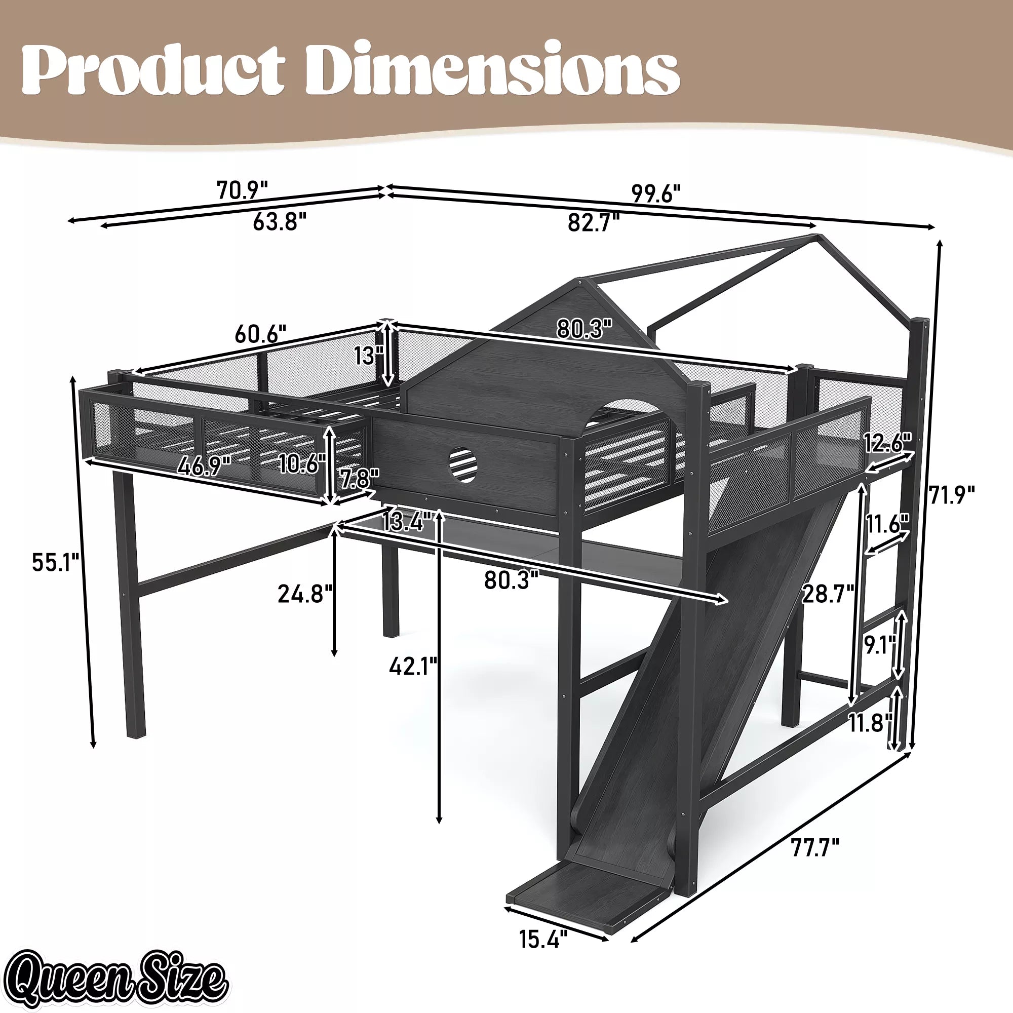 Queen size loft bed dimensions with slide and desk