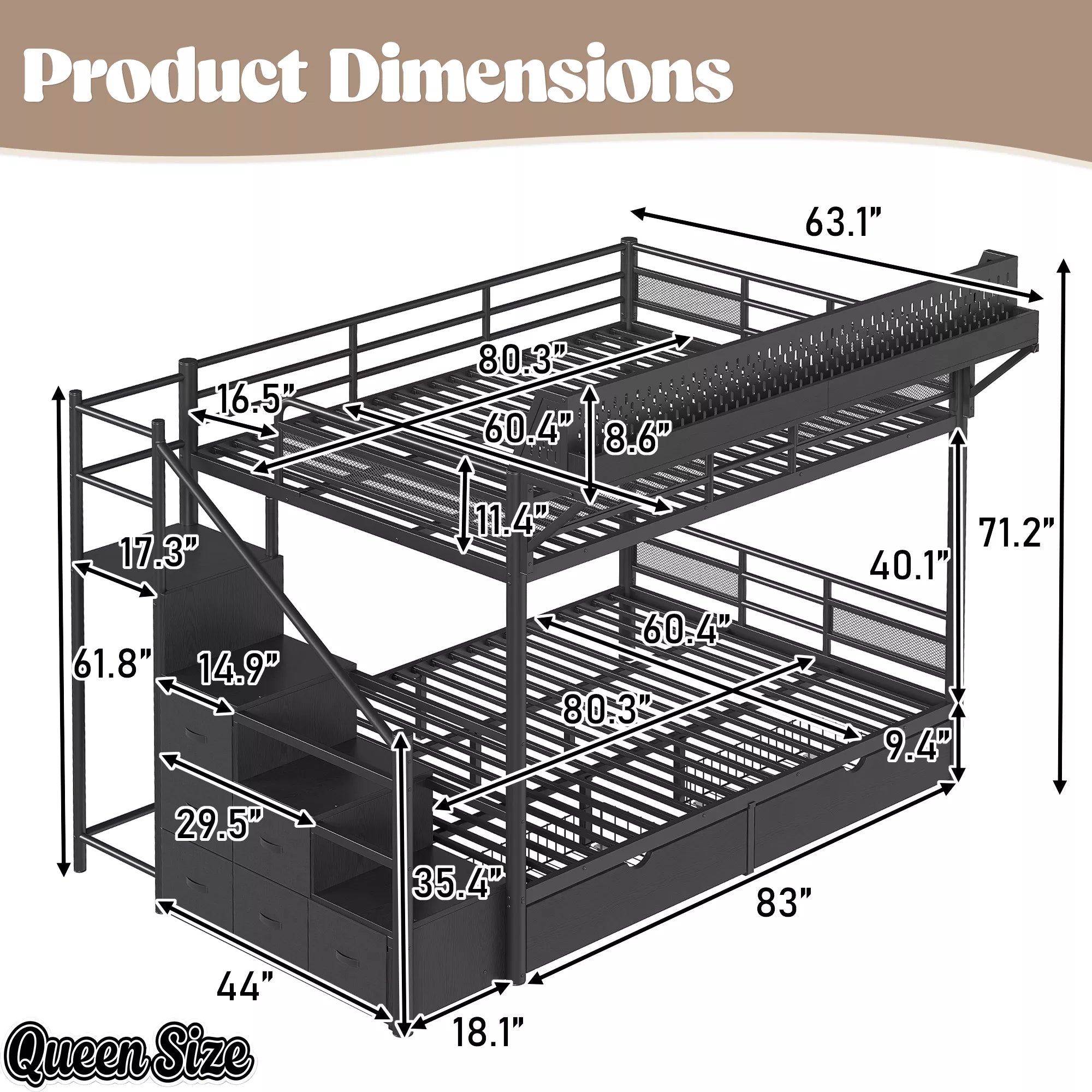 Queen size black metal bunk bed product dimensions showing sleeping areas and staircase storage