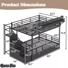 Queen size black metal bunk bed product dimensions showing sleeping areas and staircase storage