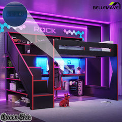 queen size gaming loft bed with LED lights and desk