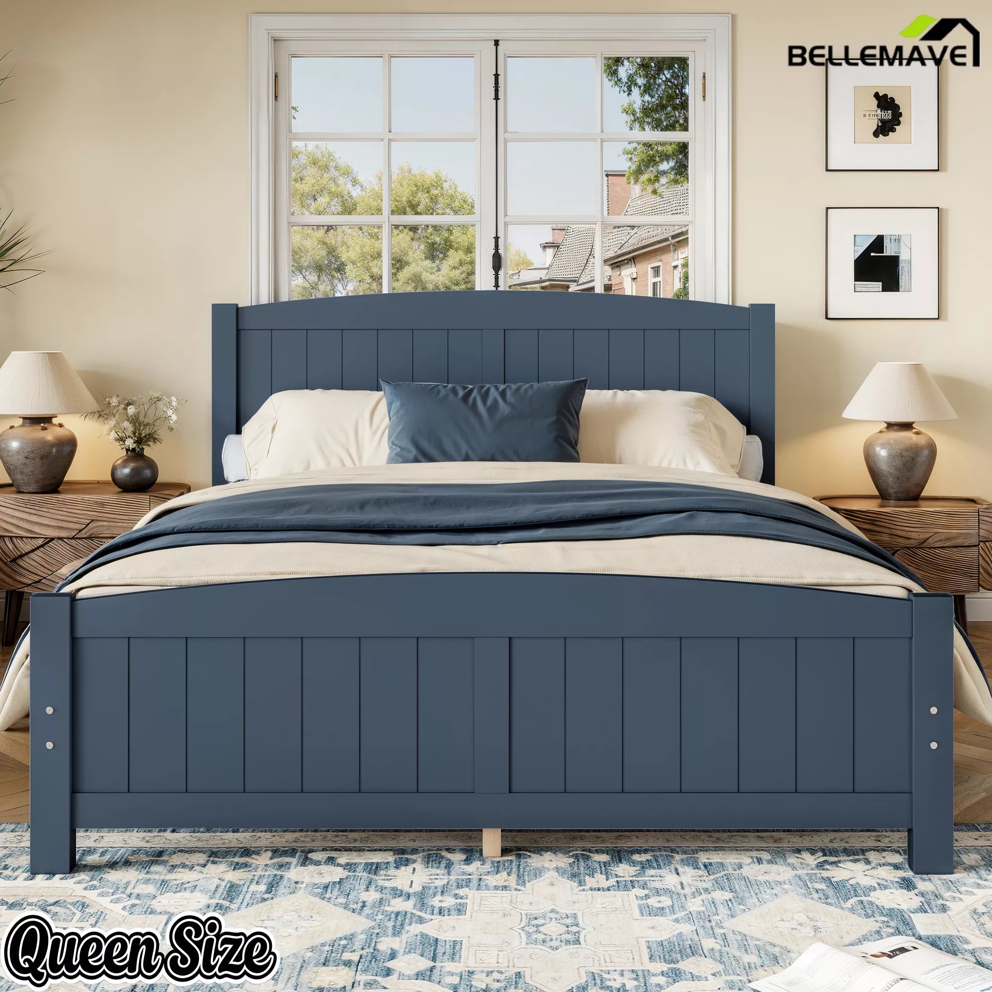 Queen Size Blue Solid Wood Platform Bed Front View