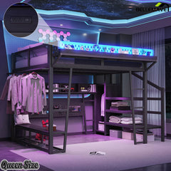 Queen gaming loft bed with wardrobe and LED lighting