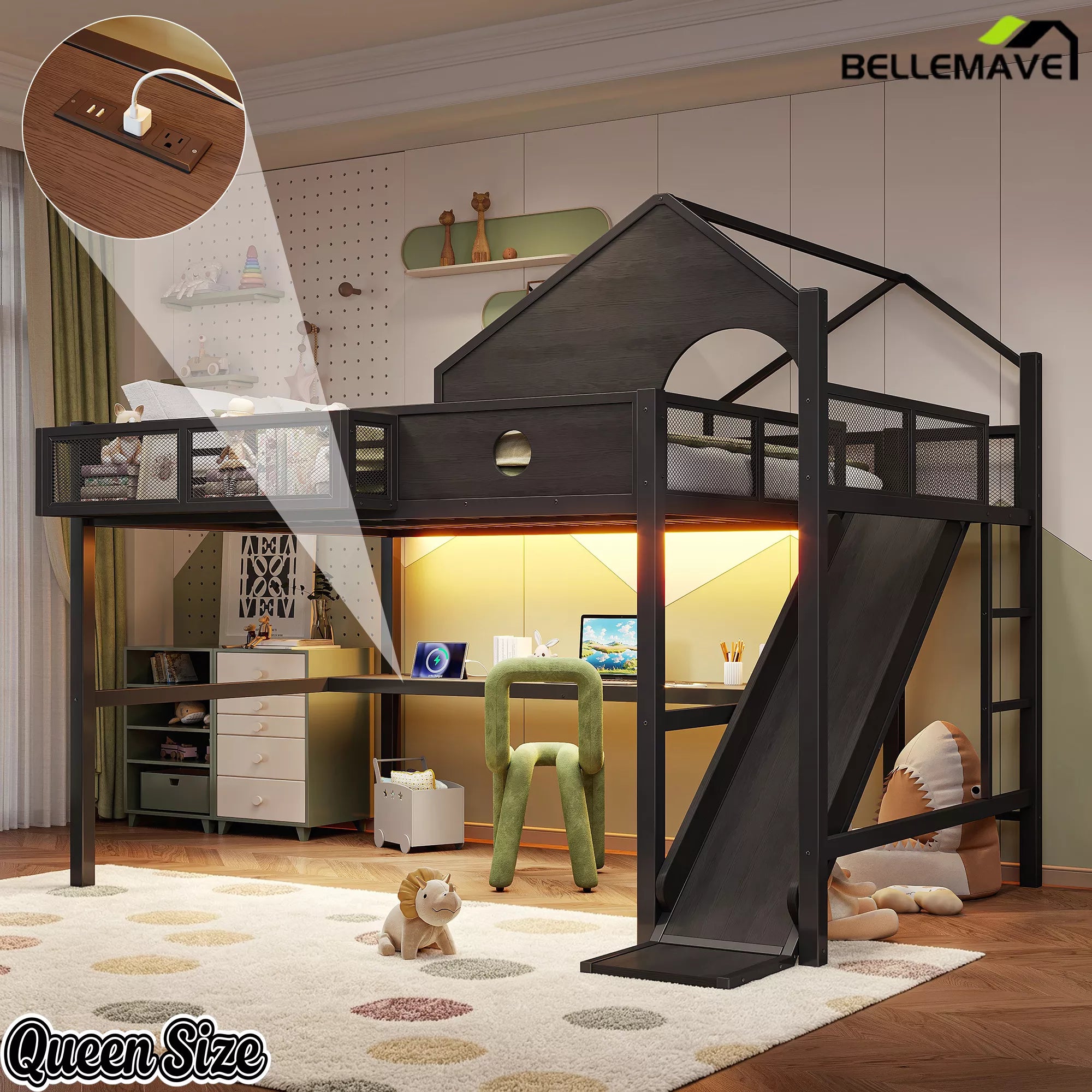 Queen loft bed with LED lights and desk
