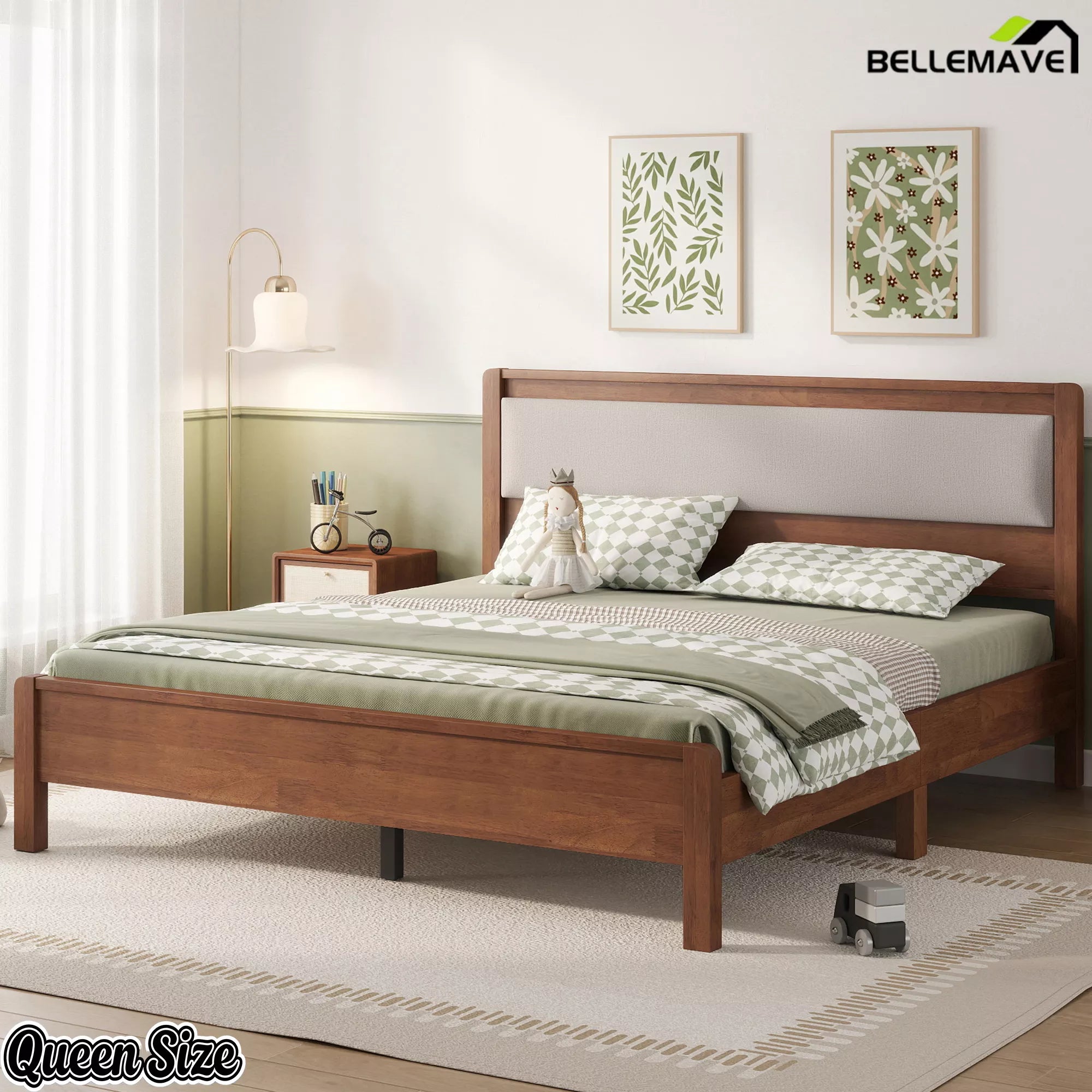 Brown Queen wooden bed with padded headboard and matching footboard