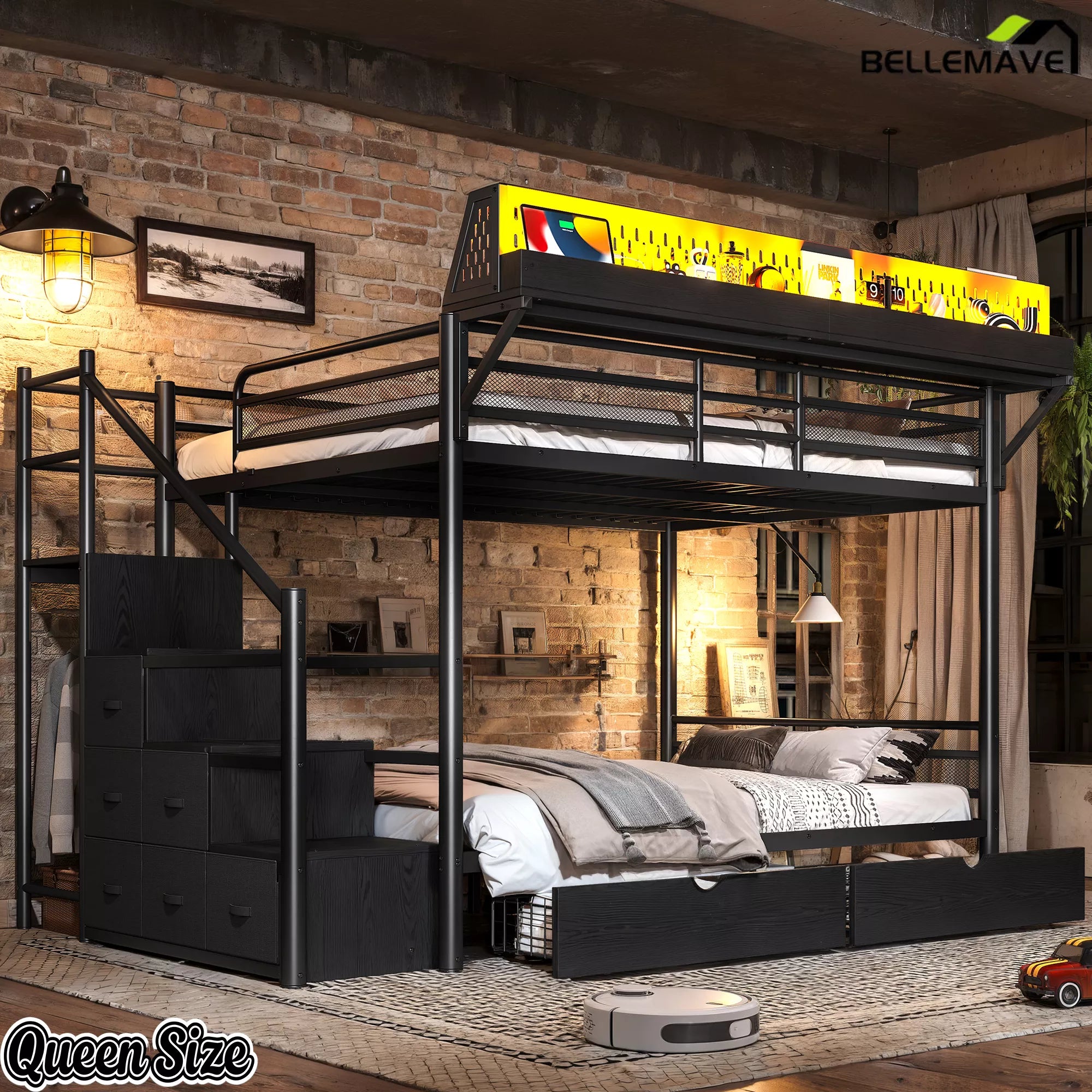 Queen size black metal bunk bed with upper storage rack and staircase cabinets in a bedroom