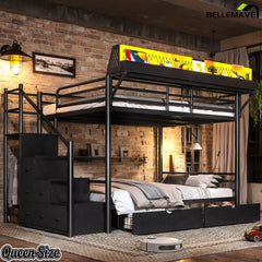 Queen size black metal bunk bed with upper storage rack and staircase cabinets in a bedroom