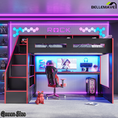 queen size black gaming loft bed with LED lights and desk