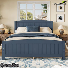 Queen Size Blue Solid Wood Platform Bed Front View
