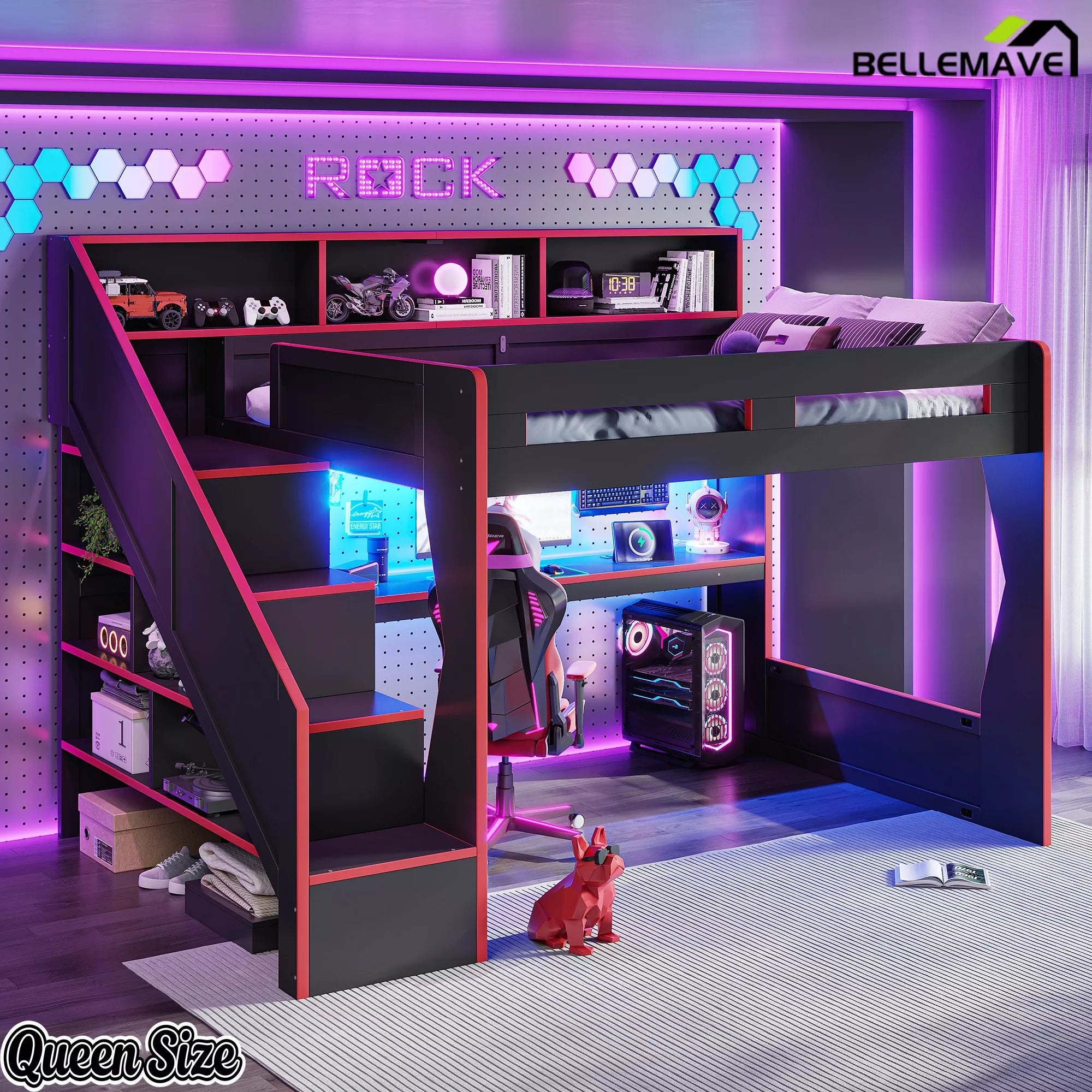 queen loft bed with gaming workstation