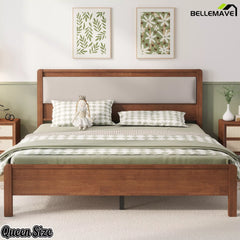 Front view of the brown Queen bed showing the upholstered headboard
