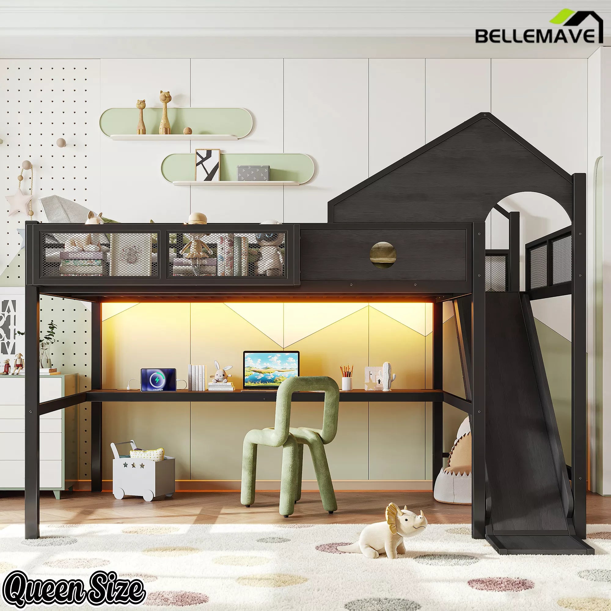 Queen size metal loft bed with storage shelves