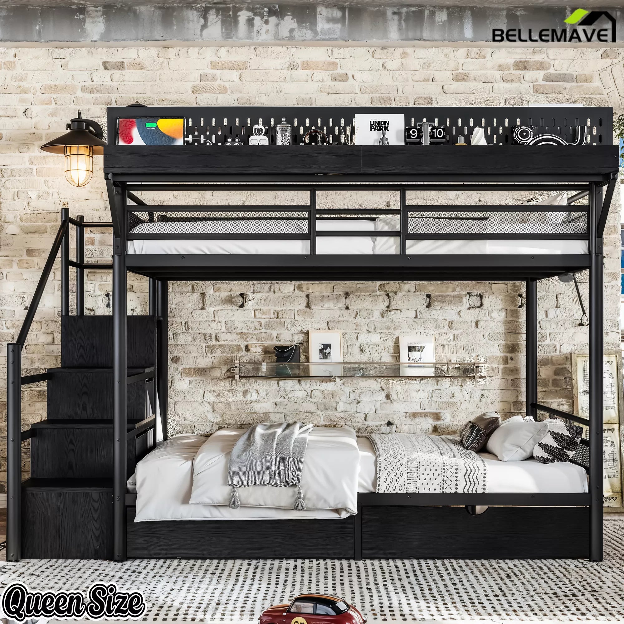 Front view of queen size black metal bunk bed with upper and lower slatted sleeping frames