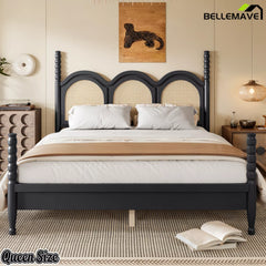 black queen size platform bed with arched woven headboard