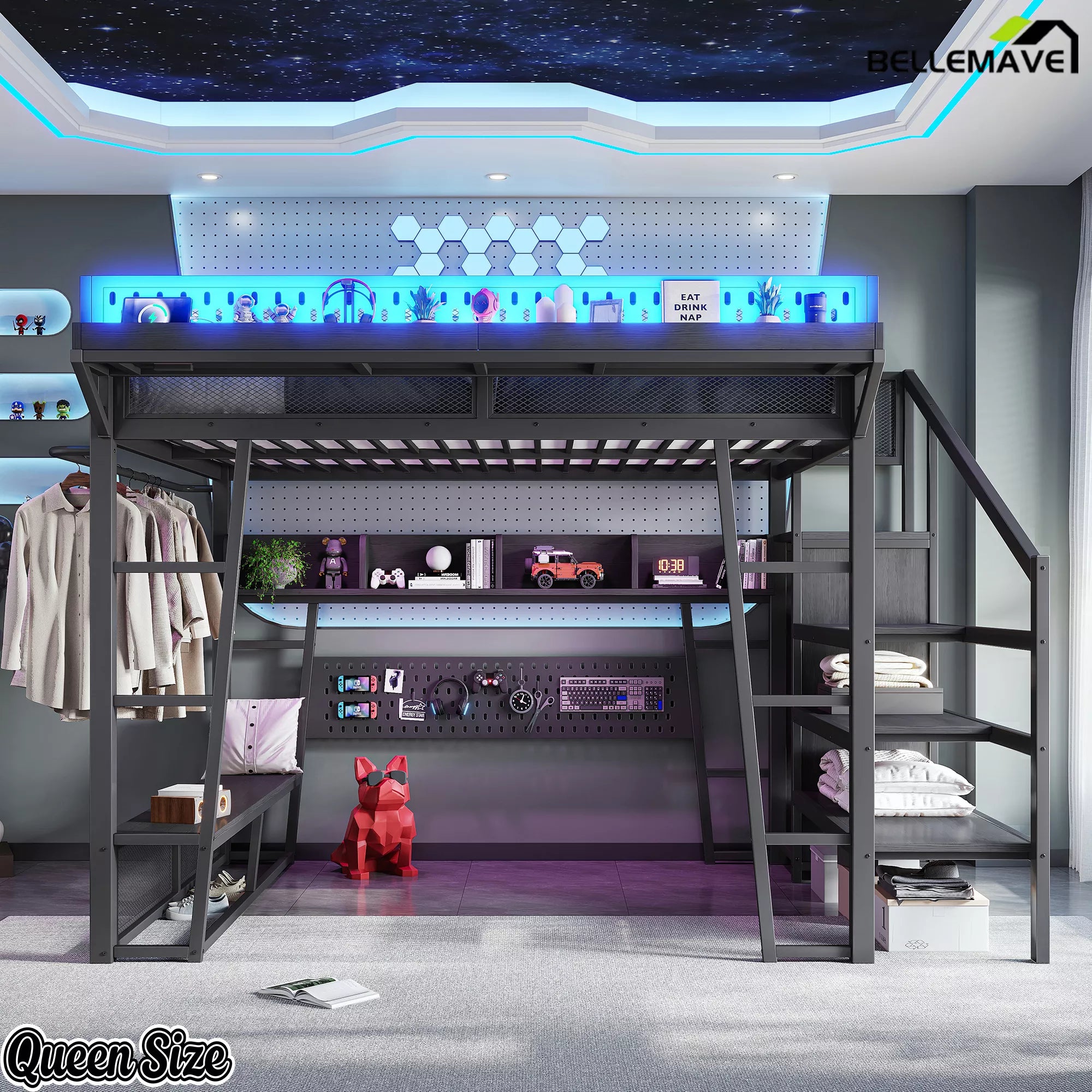 Queen size metal loft bed with storage stairs and pegboard