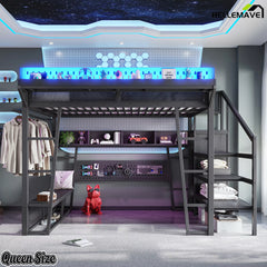 Queen size metal loft bed with storage stairs and pegboard