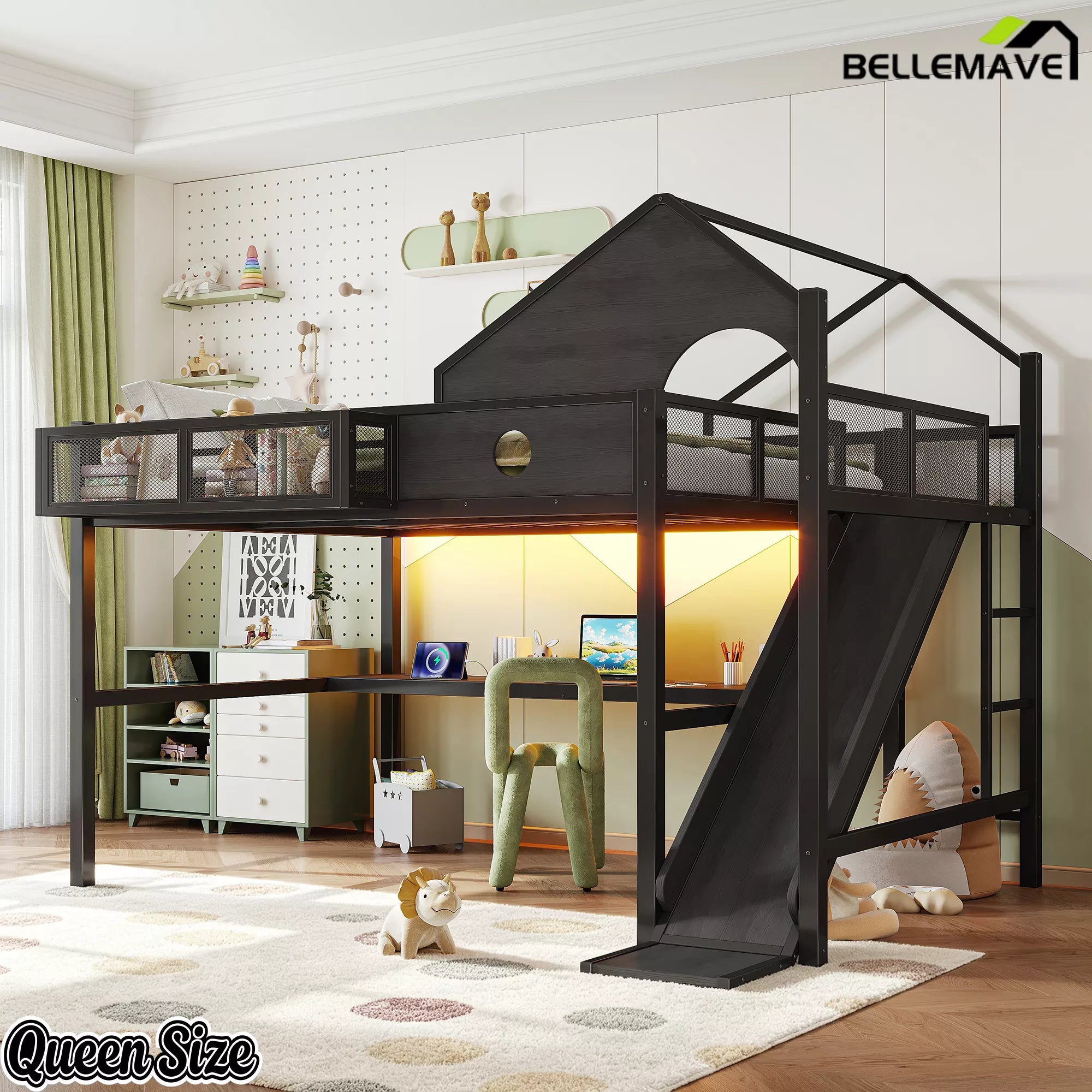 Queen loft bed with slide and workstation