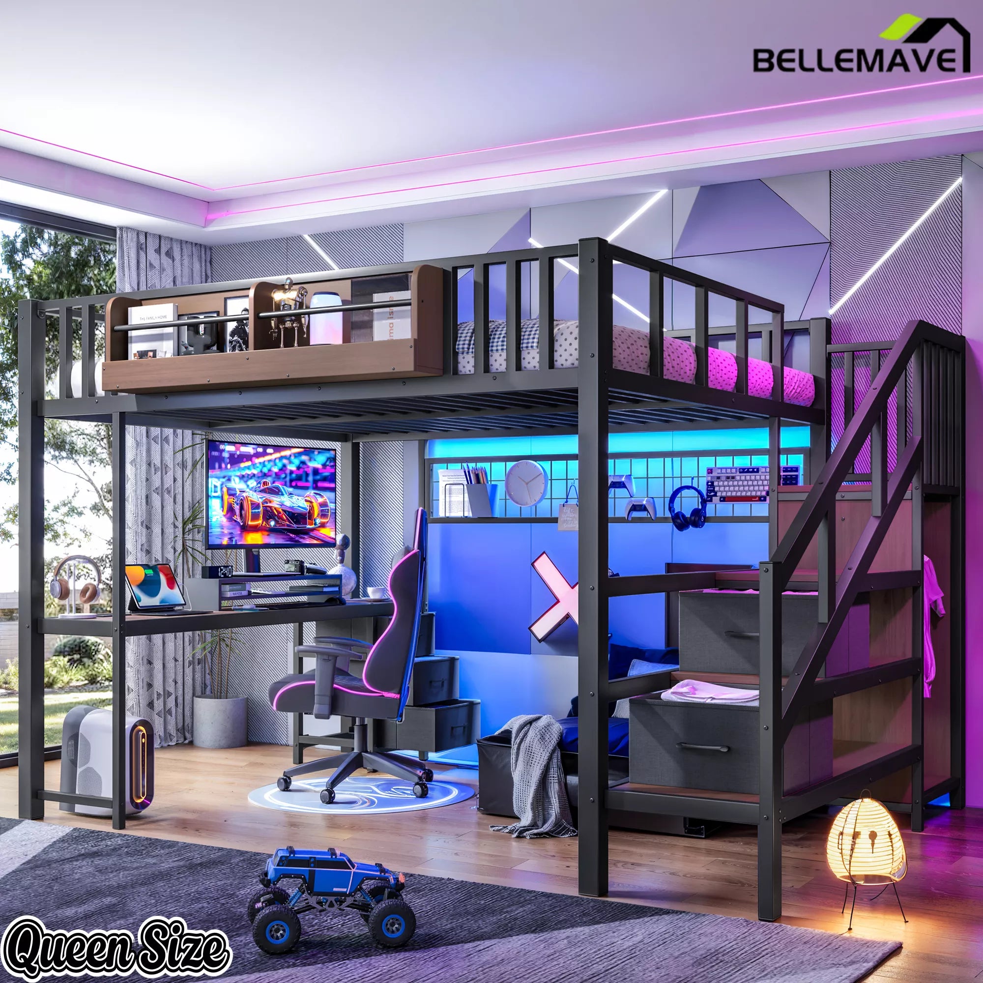 Black Queen Size Loft Bed with Desk and Storage Stair