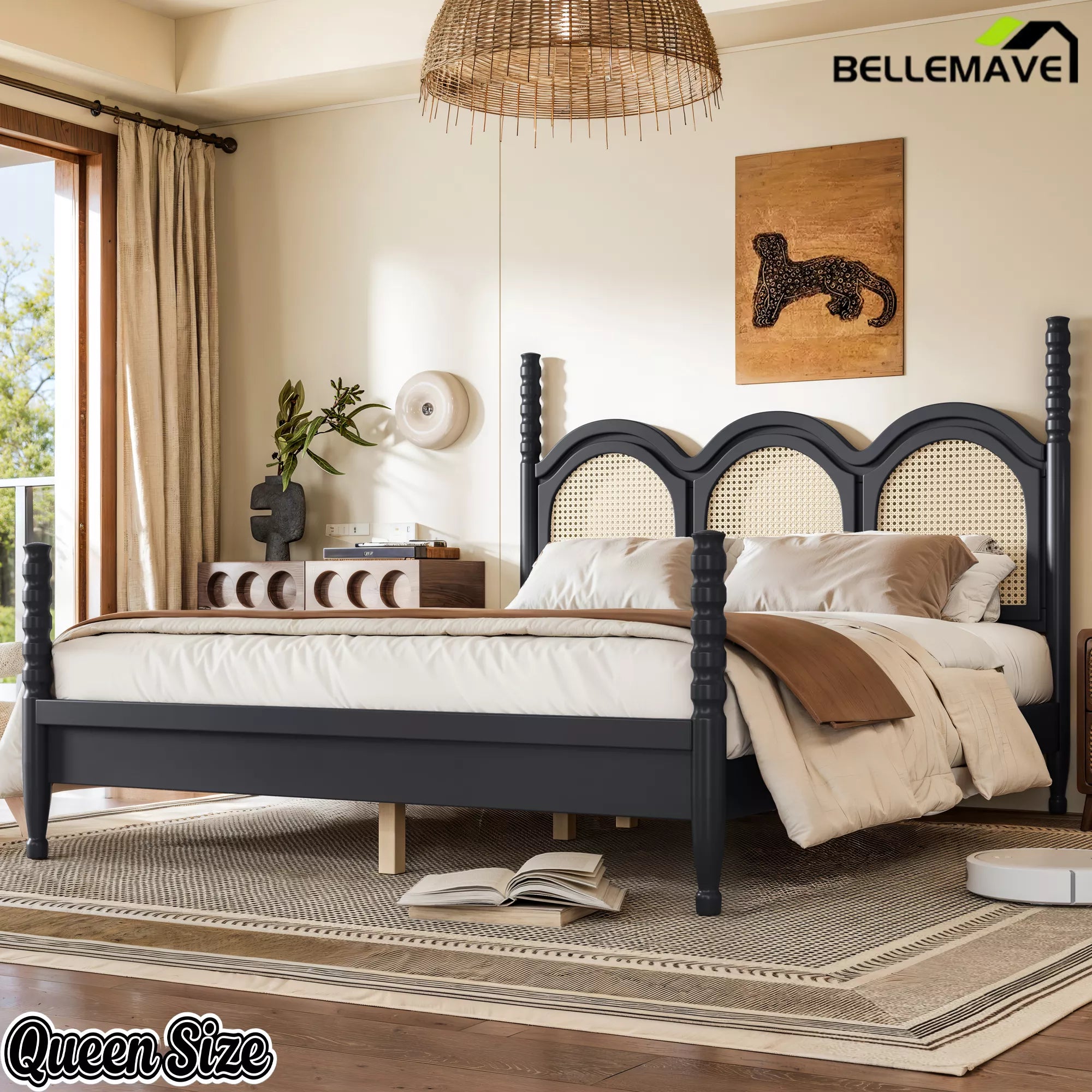 queen wooden bed frame with four poster style design